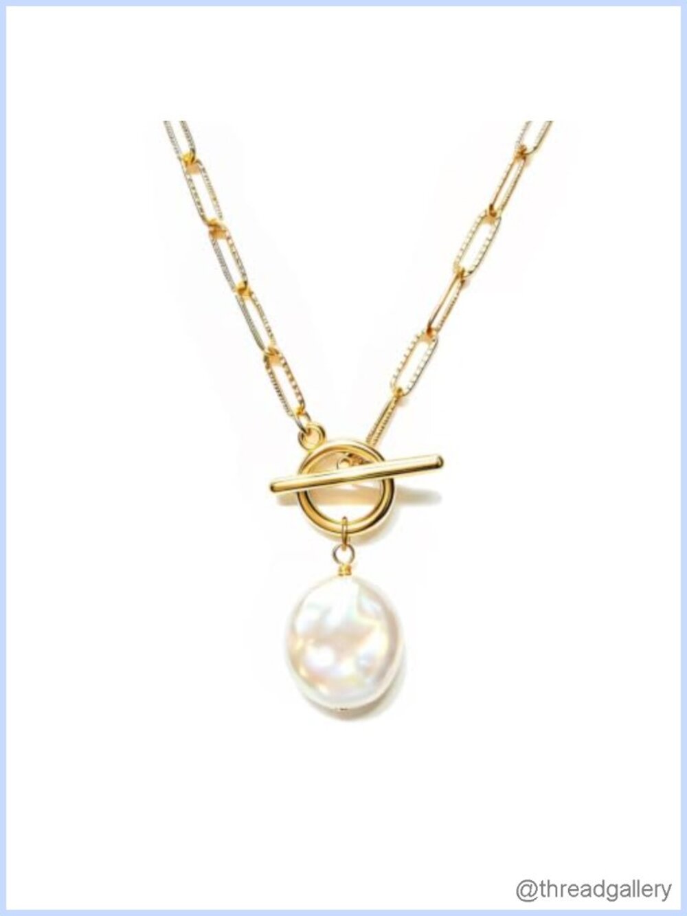 18k Gold Plated Toggle Clasp Simulated Baroque Pearl Pendant Necklace